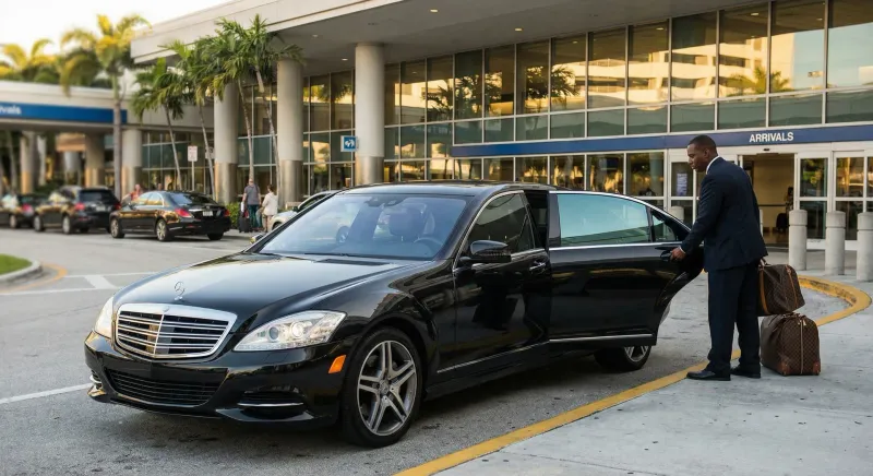 Professional chauffeur holding a door open at a luxury limousine outside Miami International Airport terminal