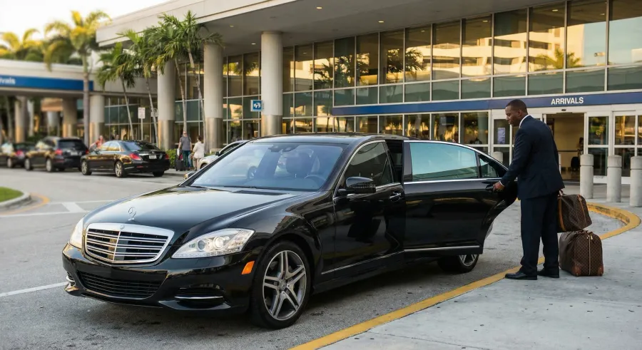 Group of friends stepping into a stretch limousine outside a Downtown Miami luxury condo tower at night