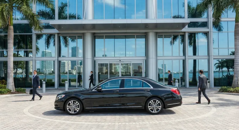 Chauffeur opening door of black luxury sedan for a Wynwood creative professional on NW 2nd Avenue