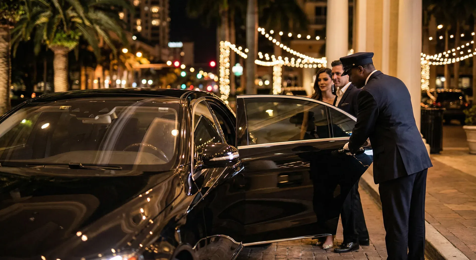 Black Mercedes-Benz S-Class sedan parked beneath a canopy of banyan trees on a shaded Coconut Grove residential street with a professional chauffeur standing at the rear door