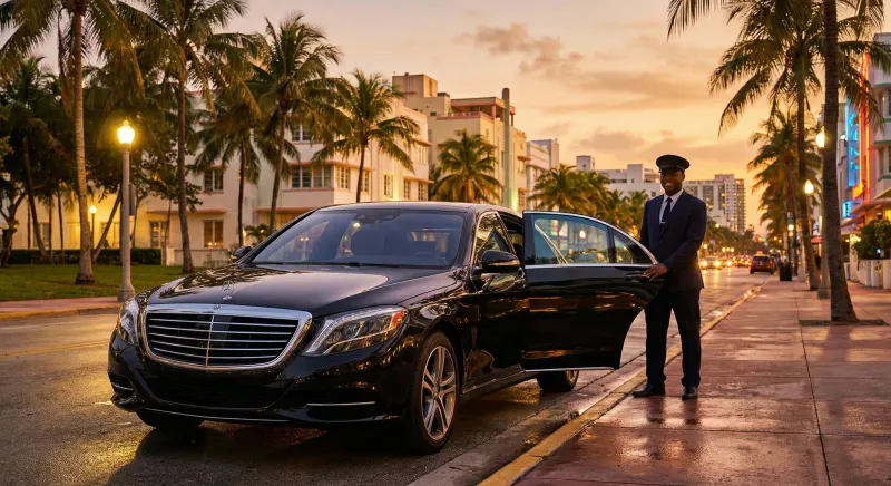 Interior view from the back seat of a Mercedes sedan showing the chauffeur navigating a Brickell avenue with the skyline visible