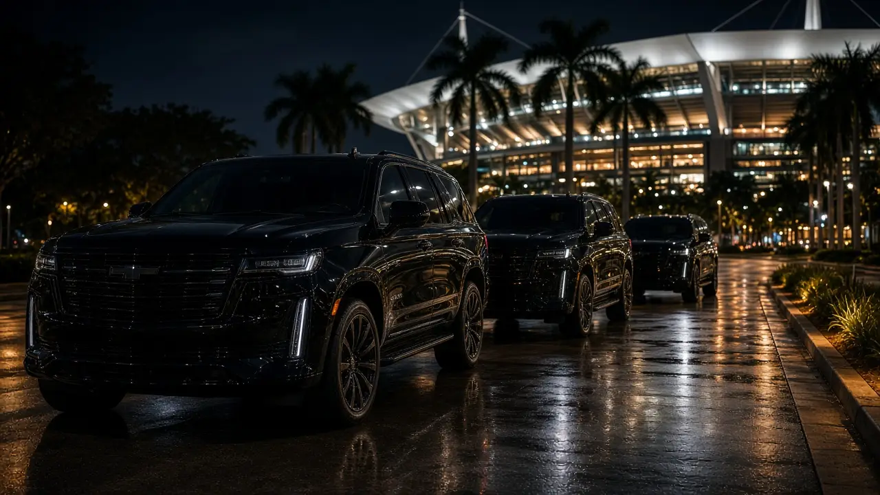 Luxury chauffeur vehicle near Hard Rock Stadium during a Miami motorsport event