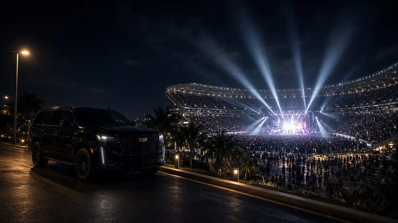 Stadium concert night at Hard Rock Stadium Miami with VIP curb drop-off