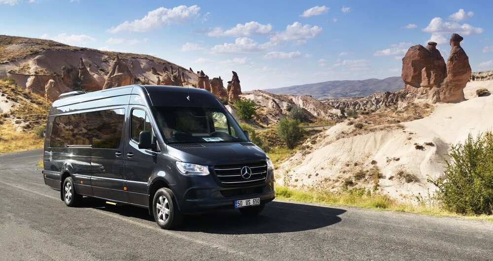 Black passenger Mercedes-Benz Sprinter in Turkey. This model is the most popular minibus in Europe