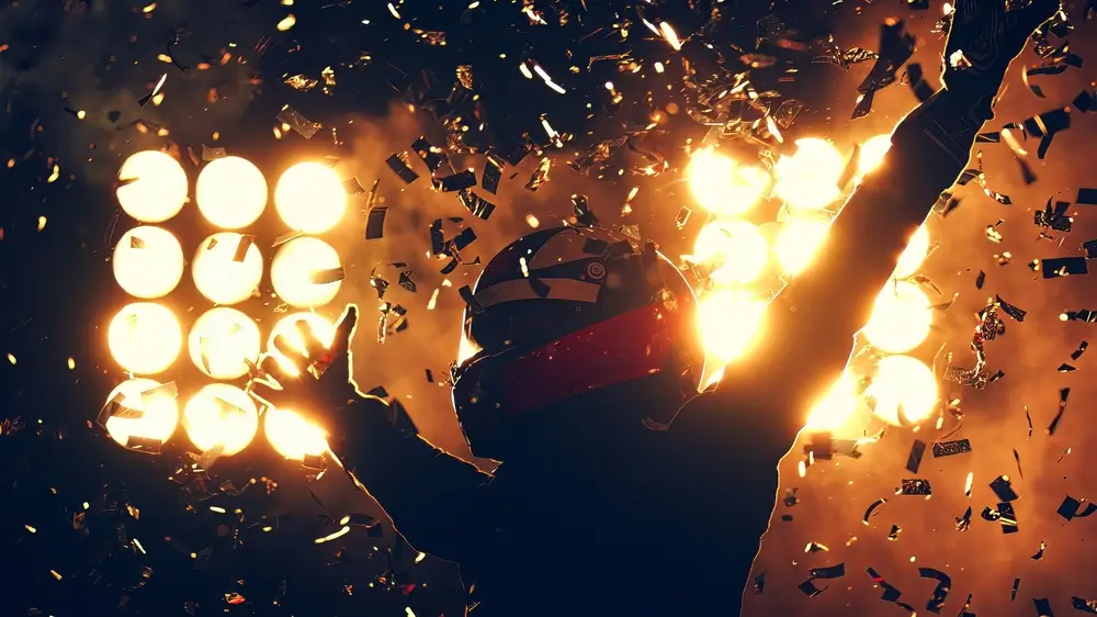 Silhouette of race car driver celebrating the win in a race against bright stadium lights.