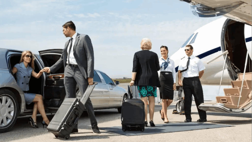 Travelers and crew near private jet during luxury transfer from Miami airport to cruise port.