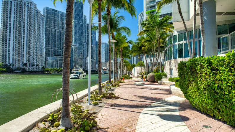 Miami Riverwalk skyline with promenade and buildings.