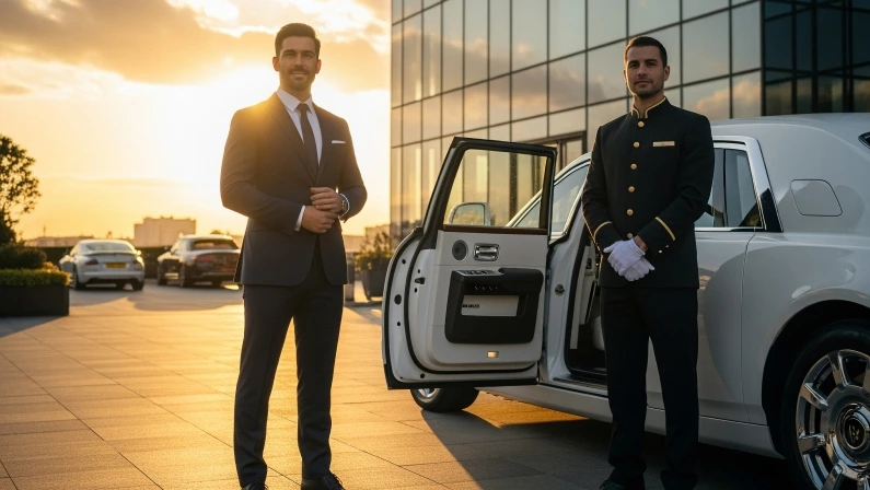 A cinematic luxury scene at a private driveway in front of a modern glass skyscraper during golden sunset. In the center stands a professional real estate agent in a sharp suit, confidently waiting, embodying hospitality and prestige. Beside him, a chauffeur in a tailored black uniform stands next to an elegant white Rolls-Royce with its rear door open, ready to welcome a royal guest. The atmosphere highlights premium service, exclusivity, and anticipation, with a sense of grandeur and seamless VIP experience.