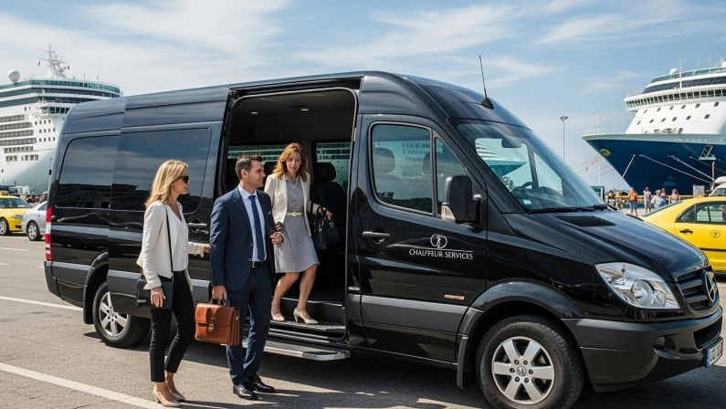 Chauffeur Services: Piraeus Port transfer with black Luxury Mercedes Sprinter and clients