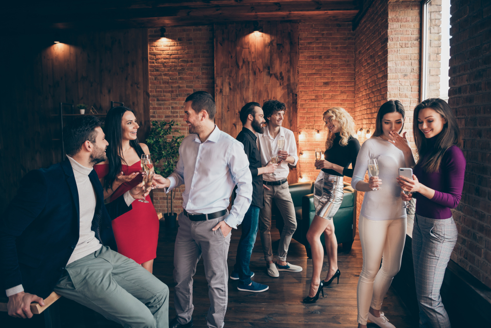 Photo of crowd of working people engaged in business having corporate party