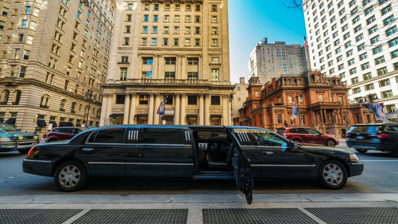 Undefined Luxury limousine open door for prepare service vip customer at Philadelphia city in down town with historic building, Pennsylvania, Architecture and building, Travel and Tourism concept