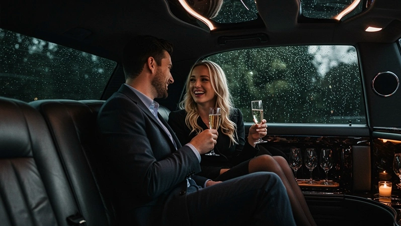 couple talking limousine backseat, woman holding glass champagne in the rain