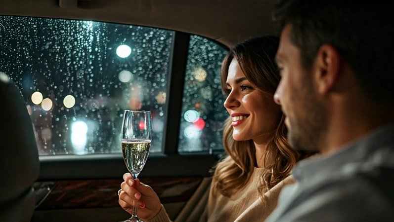 woman holdin glass champagne in the rain celebrating valentines day