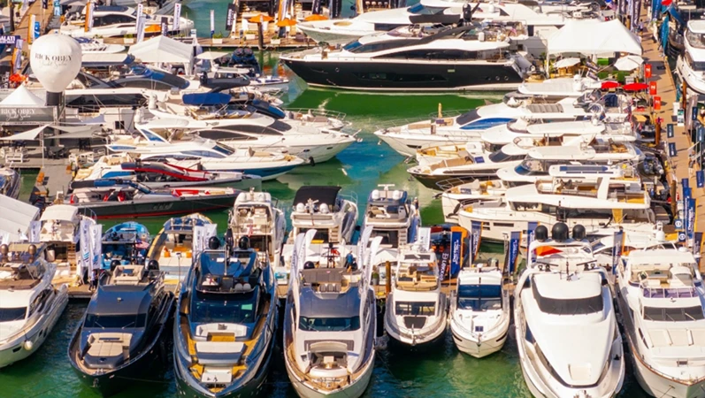Miami, FL, USA - Febnruary 16, 2025: Aerial photo Miami International Boat Show 2025 scene