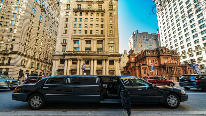 Undefined Luxury limousine open door for prepare service vip customer at Philadelphia city in down town with historic building, Pennsylvania, Architecture and building, Travel and Tourism concept